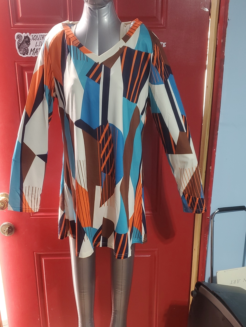 Multicolor Geometric V-Neck Long Sleeve Dress